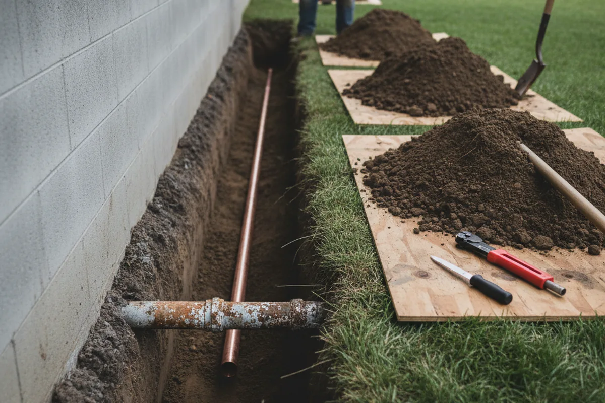 Excavated water line trench during Sewer Line Repair in Latonia